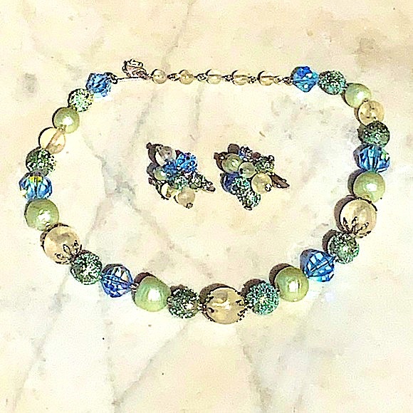 VENDOME 1 STRAND NECKLACE & EARRINGS BLUE SILVER VINTAGE CRYSTAL - Picture 2 of 12